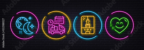 Crane claw machine, Sleep and Delivery minimal line icons. Neon laser 3d lights. Smile chat icons. For web, application, printing. Attraction park, World and moon, Cargo schedule. Heart face. Vector