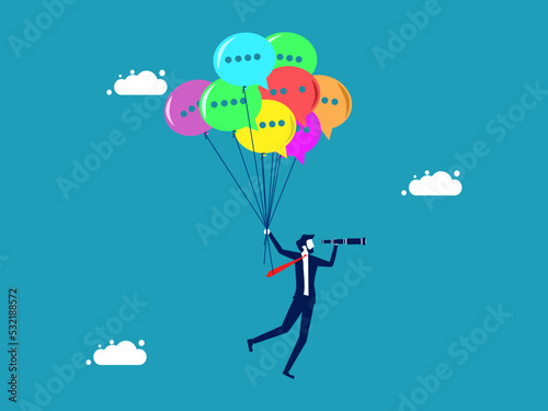 Marketing vision. Businessman looks into binoculars and floats with speech bubble balloons vector