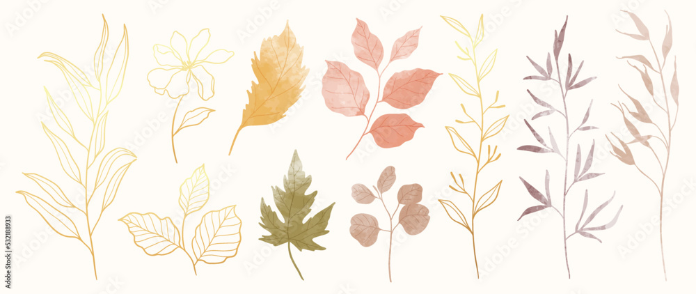 Collection of botanical elements in watercolor. Set of autumn wild flowers, maple, branches, leaves, eucalyptus, leaf. Hand drawn of luxury fall foliage vectors for card, print, graphic, decorative. - obrazy, fototapety, plakaty 