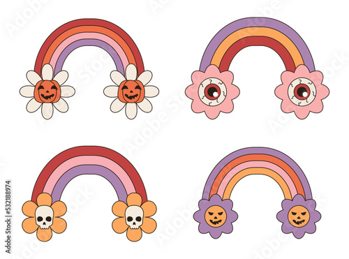 Set of hippie groovy halloween rainbow. Collection of rainbow with skull, pumpkin, eye in style 60-70s