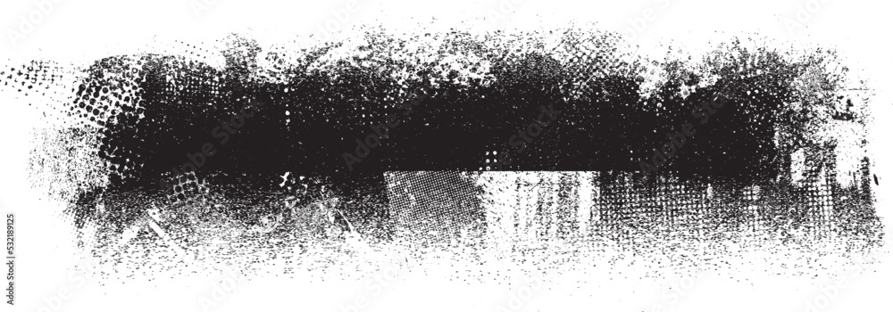Fototapeta premium Glitch distorted geometric shape . Noise destroyed logo . Trendy defect error shapes . Glitched frame .Grunge textured . Distressed effect .Vector shapes with a halftone dots screen print texture.