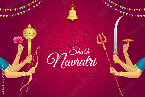 Shubh Navratri Durga puja background with Maa shakti hands. Decorative Navratri background.
