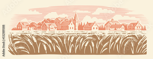 Farm landscape with Wheat. Country and Fields with Harvest
