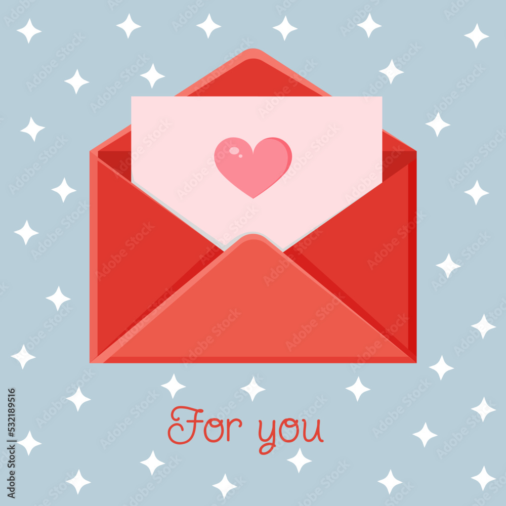 Greeting card with an envelope. Love message. Love letter for Valentine's Day for poster, print, holiday card.