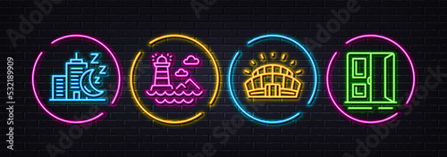 Sports stadium, Lighthouse and Night city minimal line icons. Neon laser 3d lights. Open door icons. For web, application, printing. Championship arena, Navigation beacon, Sleeping building. Vector