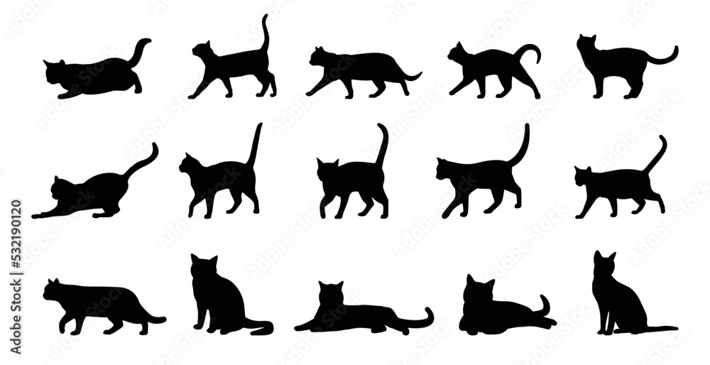 Vector isolated silhouette cat, logo, typography, decorative sticker on white background.