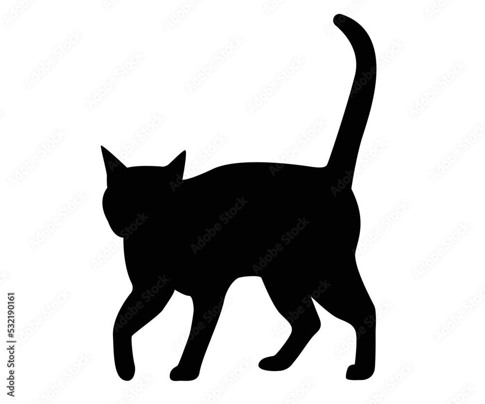 Vector isolated silhouette cat, logo, typography, decorative sticker on white background.