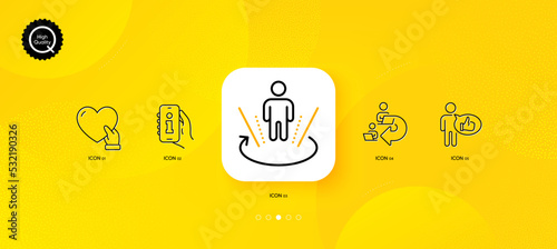Volunteer, Augmented reality and Like minimal line icons. Yellow abstract background. Info app, Delegate work icons. For web, application, printing. Social care, Virtual reality, Thumbs up. Vector