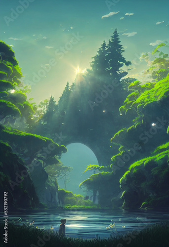 Beautiful landscape view of a magical-powered ancient forest.
