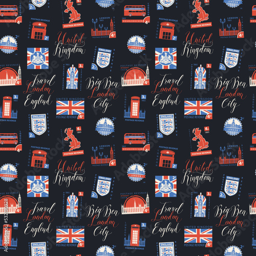 Vector seamless pattern with postage stamps and handwritten inscriptions on UK and London theme in retro style. Can be used as wallpaper or wrapping paper, background