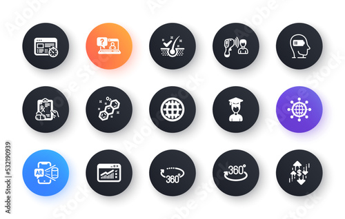 Minimal set of Prescription drugs, Globe and Weariness flat icons for web development. Electronic thermometer, International globe, Student icons. Web timer, 360 degrees. Vector