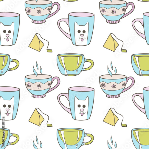 vector seamless pattern on the fun cups for tea and coffee