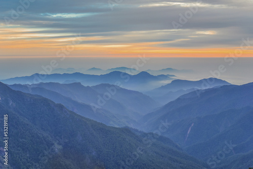 Landscape View Of The Holy Ridge At Twilight On The Peak of Pintian Mountaion, Wuling Quadruple Mountains Trail, Shei-Pa National Park, Taiwan
