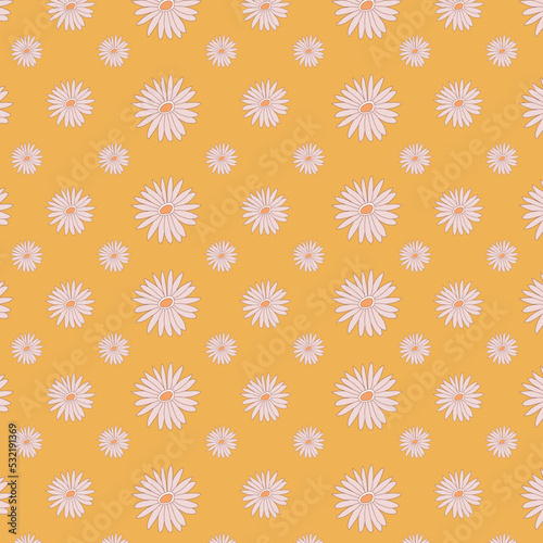 Colorful floral vector pattern. Retro 70s nostalgic fashion textile background. Summer resort print. Flower daisies. Vector illustration in hand drawn style.