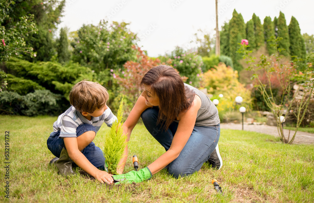 Mom and son planting plant together in garden Mom and son planting plant together in garden