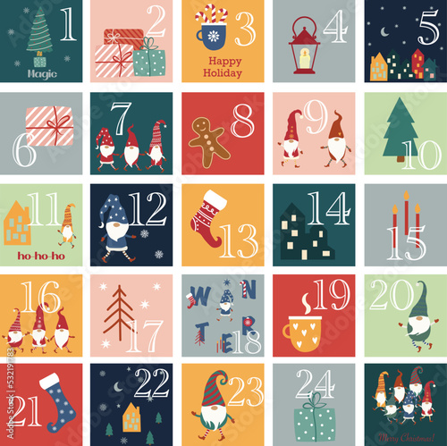 Christmas advent calendar - 25 hand drawn cards is a December countdown calendar vector illustration, christmas eve creative winter set with numbers.