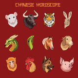 Chinese horoscope, zodiac signs with twelve animals in doodle style