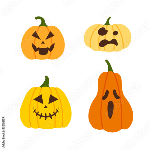Scary and funny Halloween pumpkin faces and grimaces. Hand drawn pumpkins. Vector illustration isolated.	