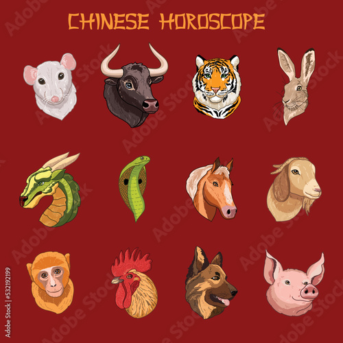Fototapeta Naklejka Na Ścianę i Meble -  Chinese horoscope, zodiac signs with twelve animals in doodle style