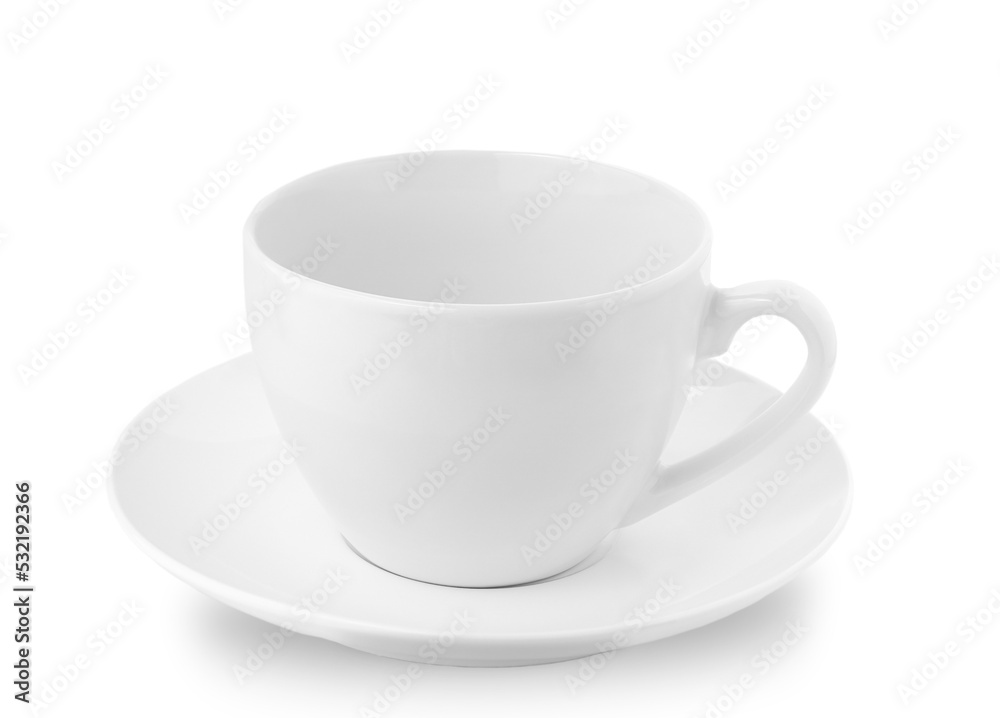 Cup with saucer with splash of coffee. Levitating drink. Isolated on white background Cup with saucer with splash of coffee. Levitating drink. Isolated on white background
