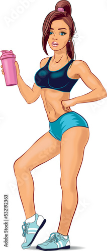 Beautiful athletic girl in a fitness swimsuit and with a shaker in her hand