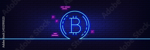 Neon light glow effect. Bitcoin line icon. Cryptocurrency coin sign. Crypto money symbol. 3d line neon glow icon. Brick wall banner. Bitcoin outline. Vector