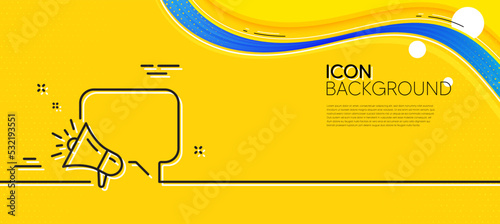 Megaphone line icon. Abstract yellow background. Advertisement device symbol. Brand ambassador speech bubble sign. Minimal megaphone line icon. Wave banner concept. Vector