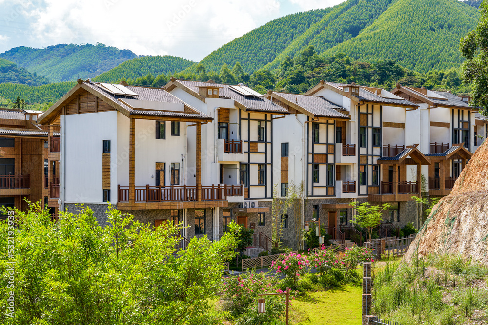 View of a luxury Chinese real estate townhouse complex View of a luxury Chinese real estate townhouse complex