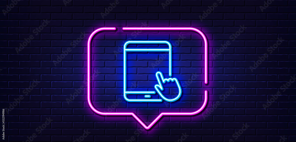 Neon light speech bubble. Tablet PC icon. Mobile Device with Hand cursor sign. Touchscreen gadget symbols. Neon light background. Tablet PC glow line. Brick wall banner. Vector Neon light speech bubble. Tablet PC icon. Mobile Device with Hand cursor sign. Touchscreen gadget symbols. Neon light background. Tablet PC glow line. Brick wall banner. Vector