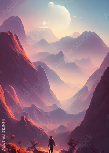 A very beautiful peaceful landscape in the style of game design. pastel colors, 3D illustration. 3D visualization
