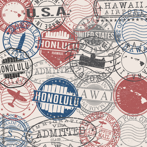 Honolulu  HI  USA Set of Stamps. Travel Stamp. Made In Product. Design Seals Old Style Insignia.