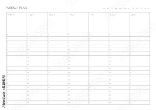 A weekly plan design template in a modern, simple, and minimalist style. Note, scheduler, diary, calendar, planner document template illustration.