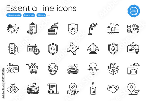 24 hours, Global business and Handshake line icons. Collection of Wash hands, Journey, Calendar icons. Opinion, Honeymoon travel, Accounting web elements. Vip certificate, Inspect. Vector