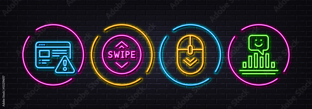 Scroll down, Swipe up and Internet warning minimal line icons. Neon laser 3d lights. Smile icons. For web, application, printing. Mouse swipe, Scroll screen, Web notification. Vector