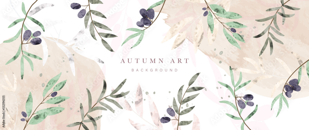 Fototapeta premium Autumn foliage in watercolor vector background. Abstract wallpaper design with green leaves, line art, leaf branch, berry. Botanical in fall season illustration suitable for fabric, prints, cover.