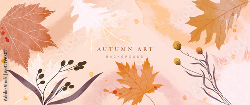 Autumn foliage in watercolor vector background. Abstract wallpaper design with maple, oak leaves, line art, flowers. Botanical in fall season illustration suitable for fabric, prints, cover, wall art.