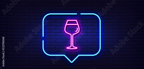 Neon light speech bubble. Wine glass line icon. Bordeaux glass sign. Neon light background. Bordeaux glass glow line. Brick wall banner. Vector
