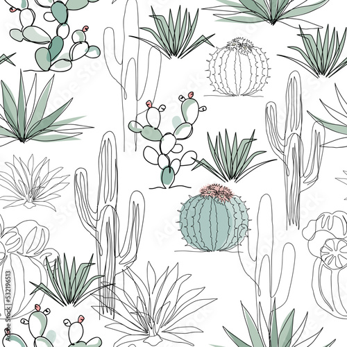 Abstract cactus garden. Continuous line drawing. Seamless pattern