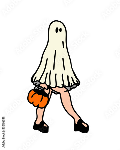 A woman in a ghost costume with a sheet, Halloween.
