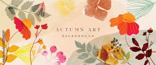 Autumn foliage in watercolor vector background. Abstract wallpaper design with berry, flowers, pine leaves, branches. Elegant botanical in fall season illustration suitable for fabric, prints, cover.