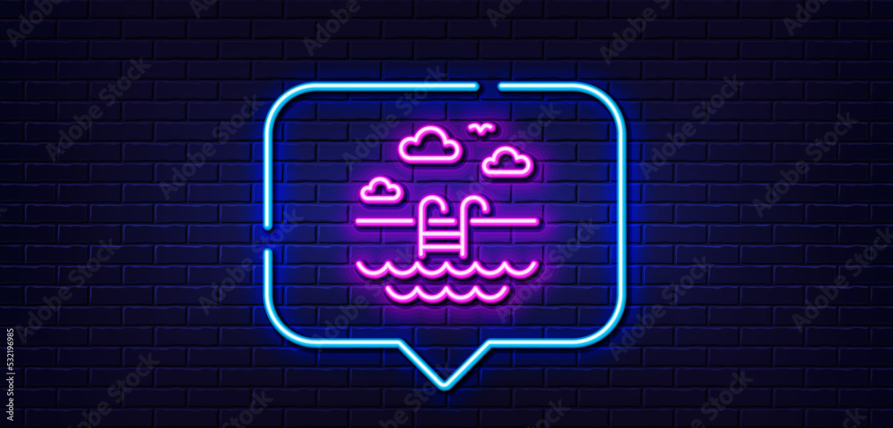 Neon light speech bubble. Swimming pool line icon. Outdoor basin sign. Hotel service symbol. Neon light background. Swimming pool glow line. Brick wall banner. Vector Neon light speech bubble. Swimming pool line icon. Outdoor basin sign. Hotel service symbol. Neon light background. Swimming pool glow line. Brick wall banner. Vector