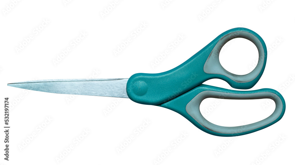 top view of a pair of red colored plastic open scissors isolated on paper background