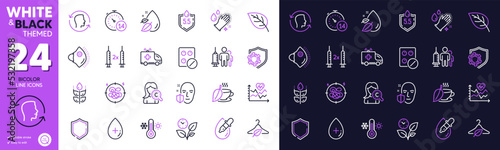 Water drop, Oil serum and Thermometer line icons for website, printing. Collection of Medical tablet, Ph neutral, Eye drops icons. Shield, Face protection, Ambulance car web elements. Vector