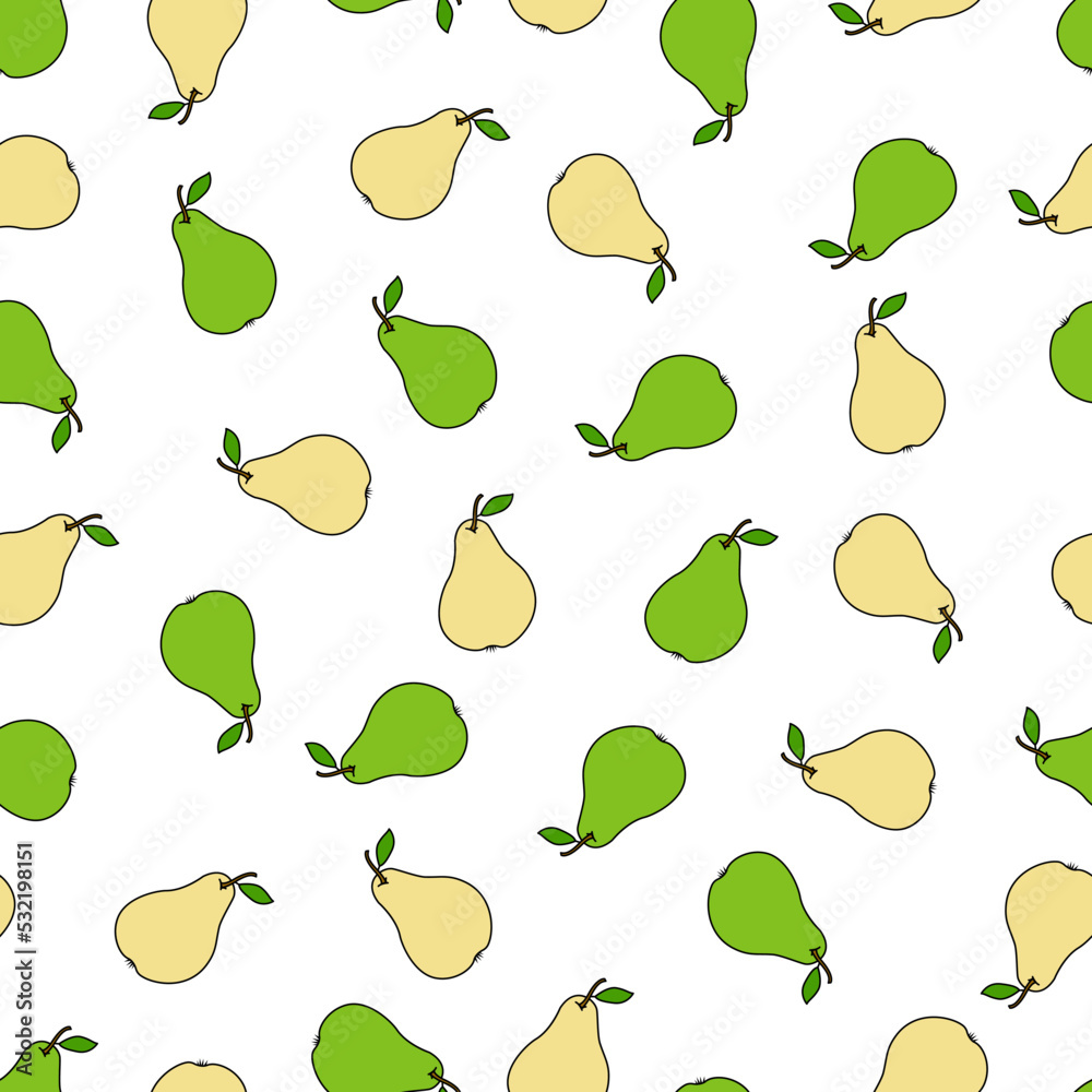Obraz premium Seamless pattern with yellow and green pears on a white background. Fruit pattern. Doodles