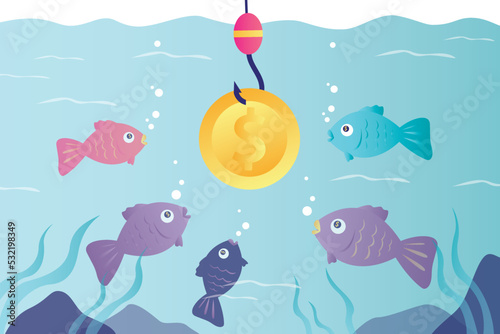 Businessman with fishing rod catches fools on bait. Many fish gathered around gold coin on hook
