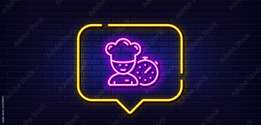Neon light speech bubble. Chef time line icon. Chief-cooker sign. Food timer symbol. Neon light background. Chef glow line. Brick wall banner. Vector Neon light speech bubble. Chef time line icon. Chief-cooker sign. Food timer symbol. Neon light background. Chef glow line. Brick wall banner. Vector