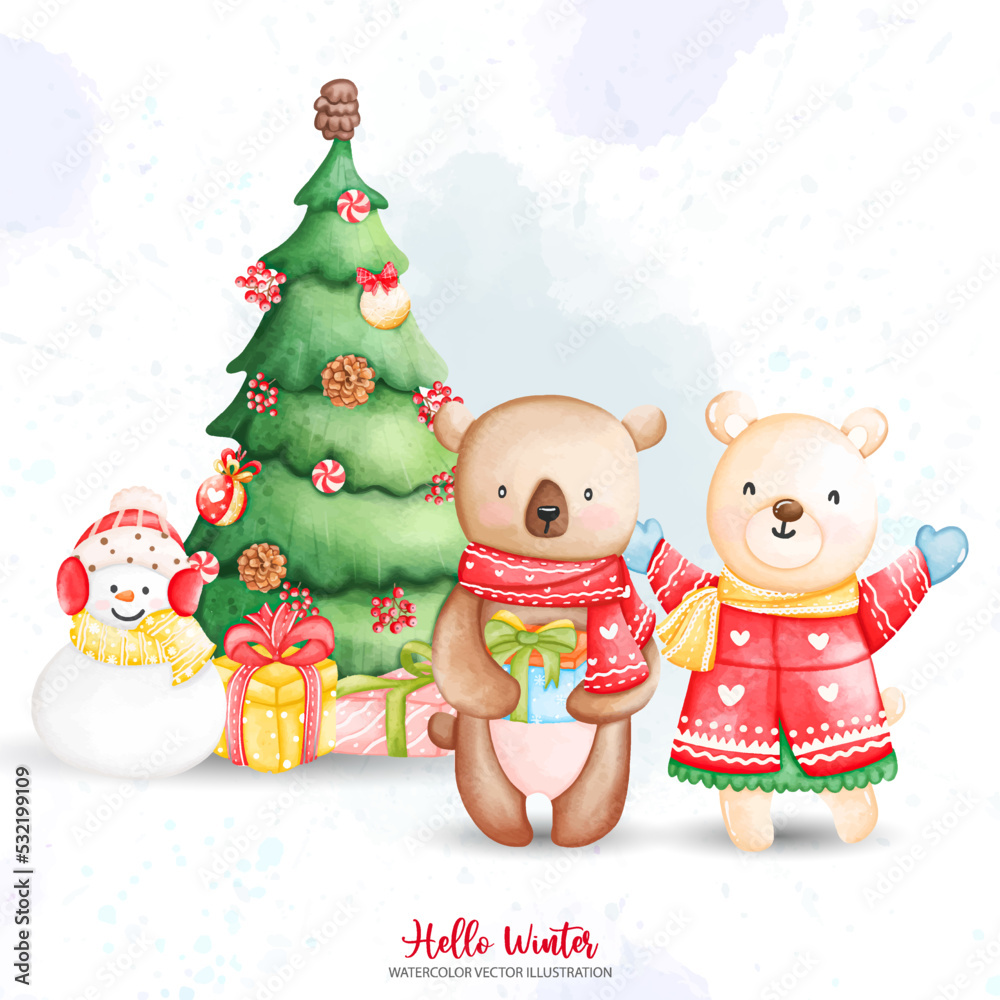 Watercolor Christmas Animals. Christmas Bear and Snowman with Christmas Tree. Vector illustrations Watercolor Christmas Animals. Christmas Bear and Snowman with Christmas Tree. Vector illustrations