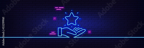 Neon light glow effect. Loyalty program line icon. Bonus points. Discount star symbol. 3d line neon glow icon. Brick wall banner. Loyalty program outline. Vector