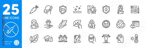 Outline icons set. Blood and saliva test, Collagen skin and Family insurance icons. Clean hands, Shield, Clean skin web elements. Potato, Vaccination passport, No vaccine signs. Vector