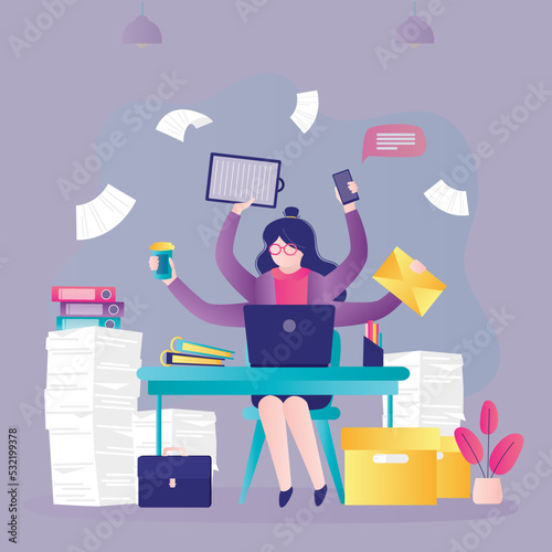 Employee doing several things at same time due to lot of work. Businesswoman trying to get all paperwork done by deadline